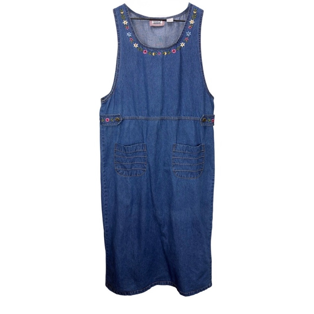VTG Y2K Denim Jumper Dress Embroidered Floral Womens Size L Cottage Prairie